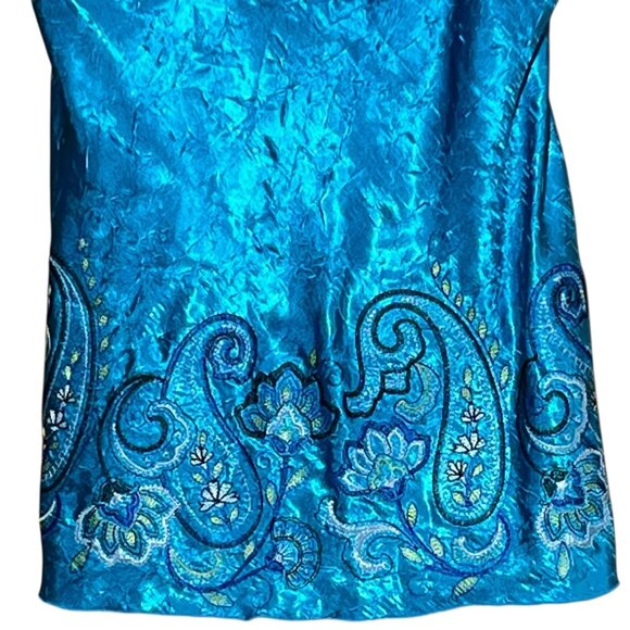 Y2K Embroidered Crushed Satin Babydoll Top Size XL Heartsoul Turquoise Milkmaid - Picture 2 of 5